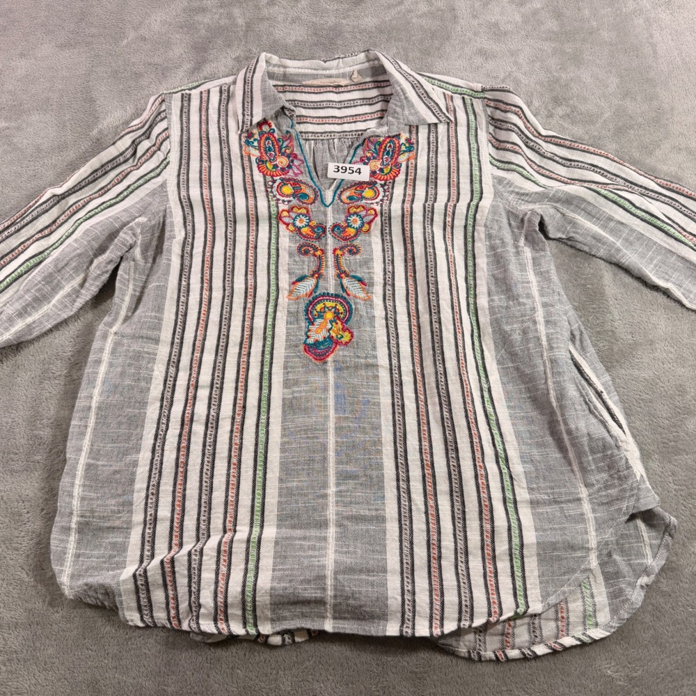 Soft Surroundings Tunic Top Womens PL Gray Striped Embroidered Cotton  Fairy